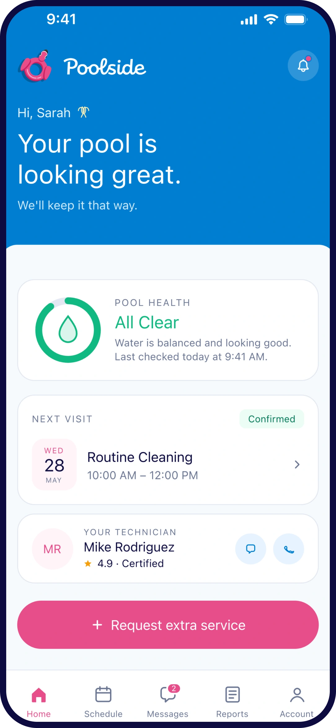 Poolside app home screen — your pool is all clear, next visit, and your technician